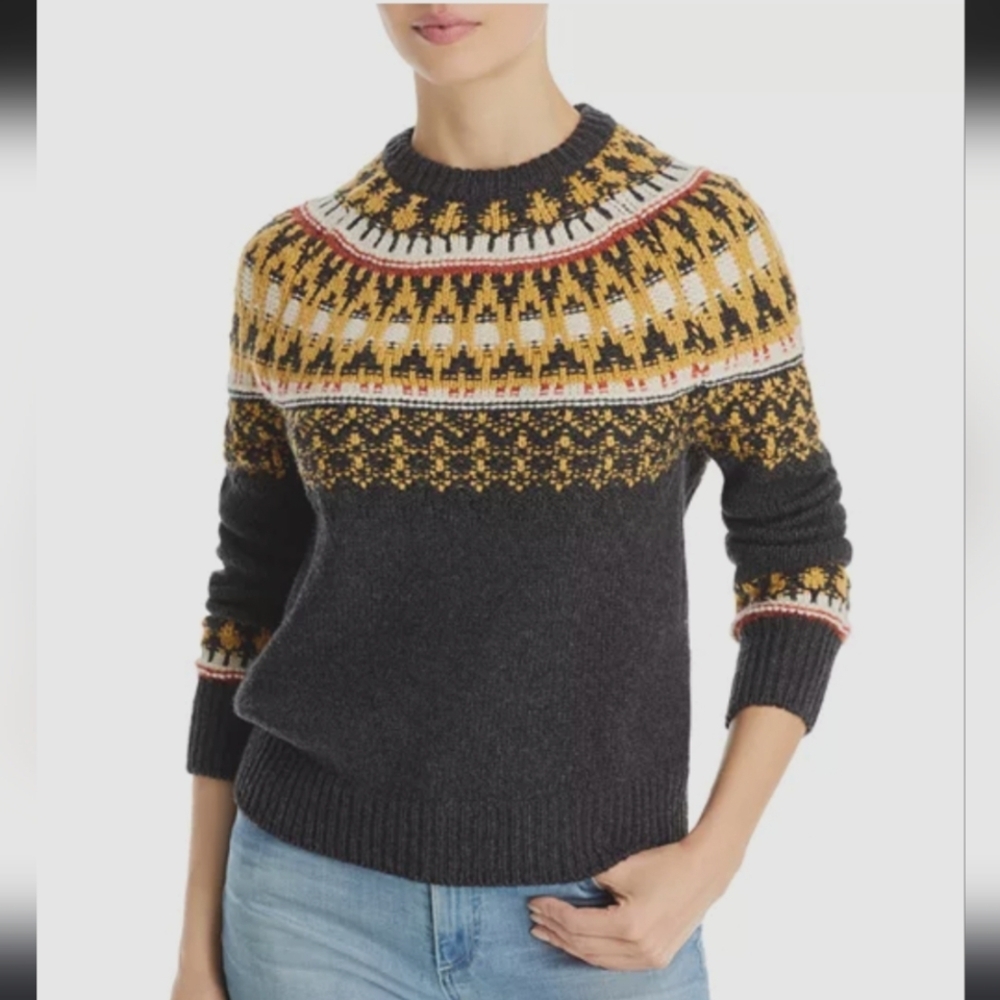 Vanessa Bruno Viona Fair Isle Pullover Sweater Wool Alpaca Gray Yellow Crew Neck